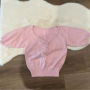 Vintage Pink Tie Front Short Sleeve Knit Sweater